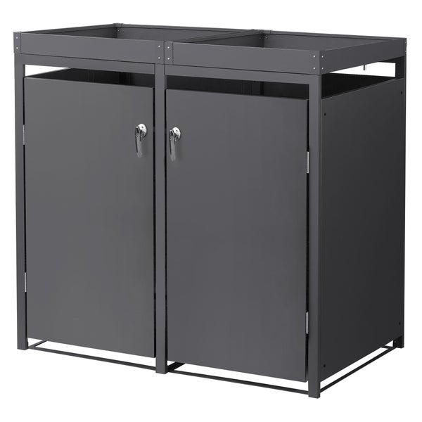 Zweifach-Mülltonnenbox aus Metall in Anthrazit mit Pflanzdach und zwei Türen.