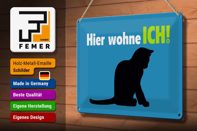 Blechschild Spruch 30x20cm Katze hier wohne ich blau
