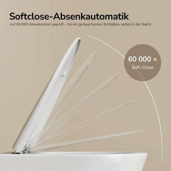 WC-Sitz mit Soft-Close Absenkautomatik, auf 60.000 Zyklen für geräuscharmes Schließen geprüft.