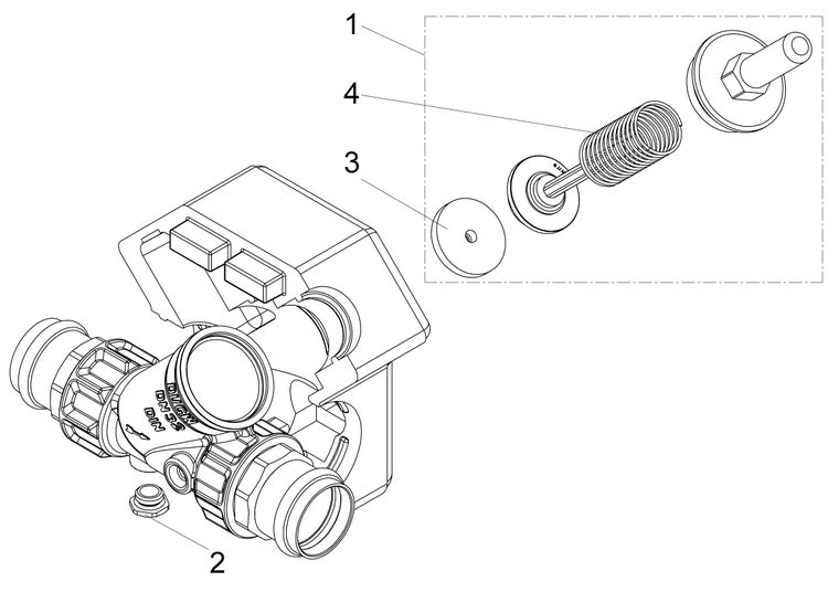 Technische Zeichnung einer Ventilbaugruppe mit nummerierten Ersatzteilen wie einer Feder und einer Scheibe.