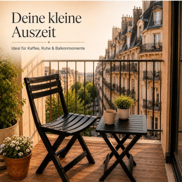 Balkonset bestehend aus einem Klappstuhl und einem Klapptisch auf einem Balkon mit Stadtblick.