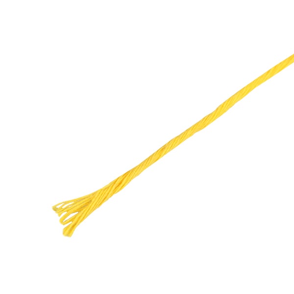 Gelbes Polypropylenseil, gedreht, Detailansicht des Seilendes.