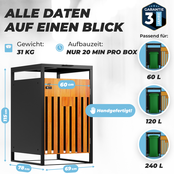 ALL Premium Mülltonnenbox 1er – Abschließbar, wetterfest & edle Holzoptik, für Garten, Hof & Straße, beliebig erweiterbar, legierter Stahl robust & langlebig