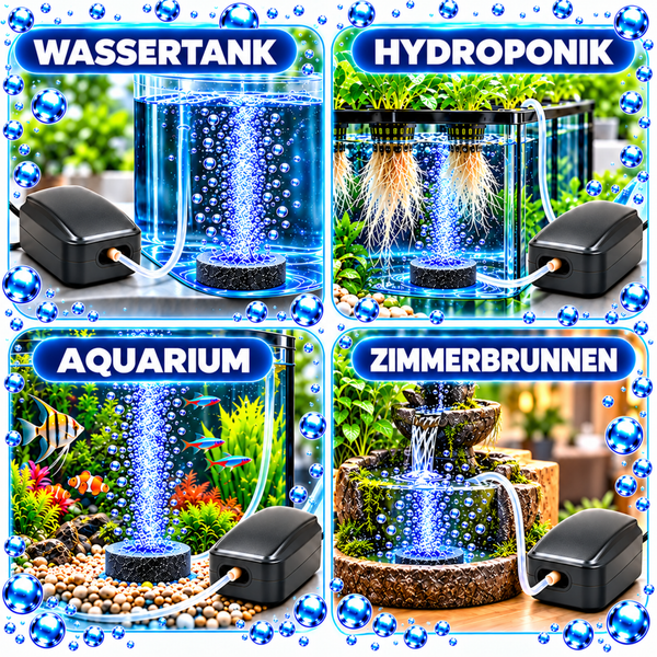 Vier Anwendungsbeispiele für eine Luftpumpe mit Ausströmerstein in Wassertank, Hydroponik, Aquarium und Zimmerbrunnen mit aufsteigenden Luftblasen.