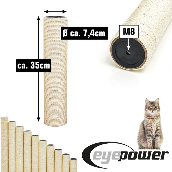 Ersatzstamm für Kratzbäume aus Sisal, Höhe circa 35 Zentimeter, Durchmesser circa 7,4 Zentimeter, mit M8 Gewinde, eyepower Logo.