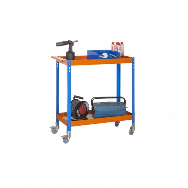 PROREGAL Montagewagen Transportwagen Muli Wood HxBxT 103x90x40 cm 2 Holzböden Blau-Orange