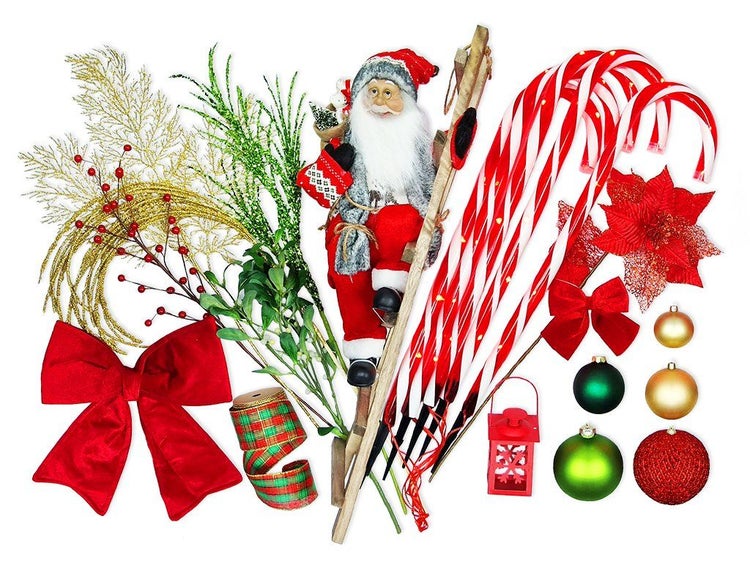 Weihnachtsdekoration Set mit Weihnachtsmann Figur, Zuckerstangen, Christbaumkugeln, Schleifen und künstlichen Zweigen für die Festtage