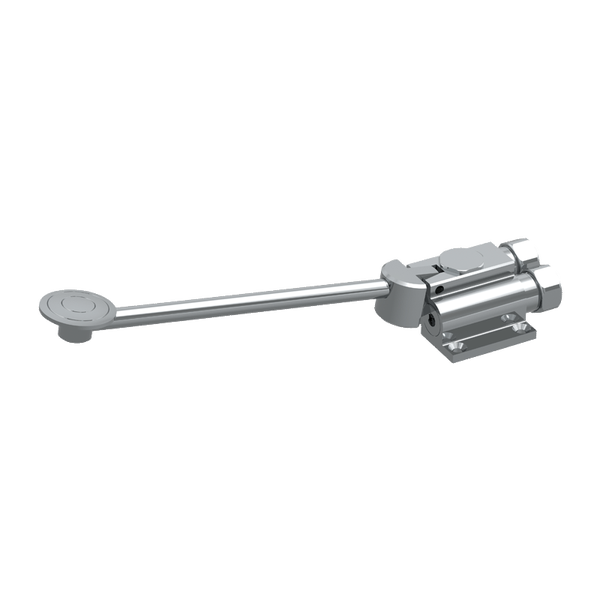 Türfeststeller aus Metall mit Montageplatte und Schwenkarm zum Feststellen von Türen.