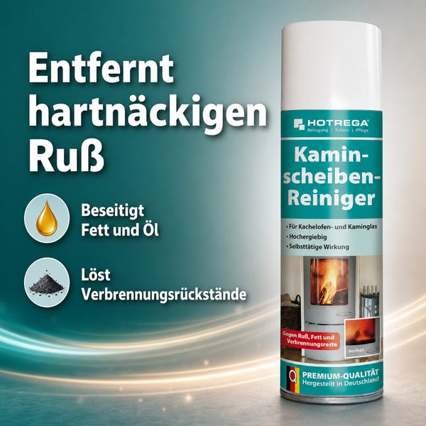 Hotrega Kaminscheibenreiniger in der Sprühdose zur Entfernung von Ruß Fett und Verbrennungsrückständen von Kamin und Kachelofenglas.