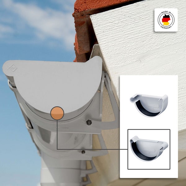 Dachrinnen-Endstück aus grauem Kunststoff an einer Dachrinne mit Detailansichten der Varianten für links und rechts inklusive Dichtung.