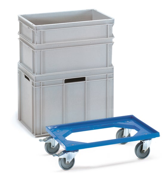 Stapelbare Euroboxen und Rollbrett zum Transport