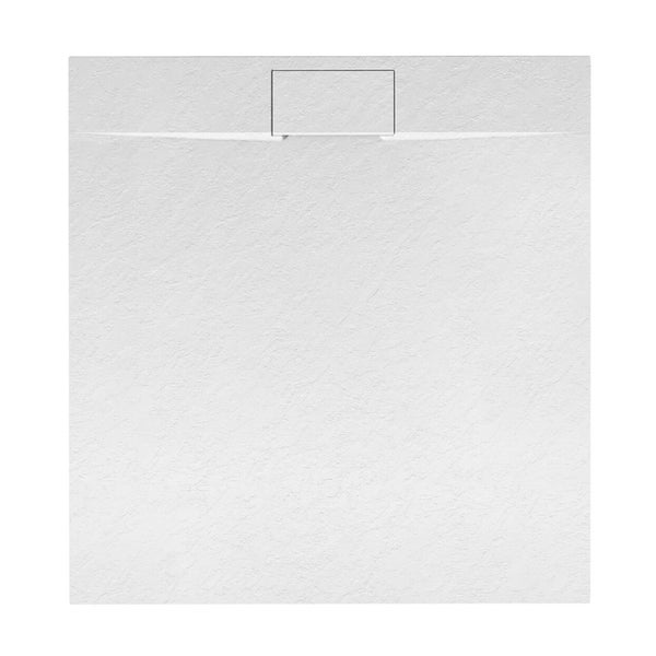 Quadratische Duschwanne mit strukturierter Oberfläche und integrierter Ablaufabdeckung.