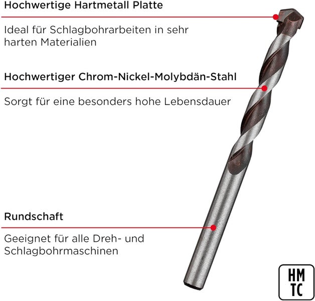 kwb ROCKER Beton- und Steinbohrer Ø 6 mm mit hochwertiger, hochtemperaturgelöteter Hartmetall-Platte, optimalem Bohrmehltransport und Rundschaft, extrem langlebig, entspricht ISO 5468