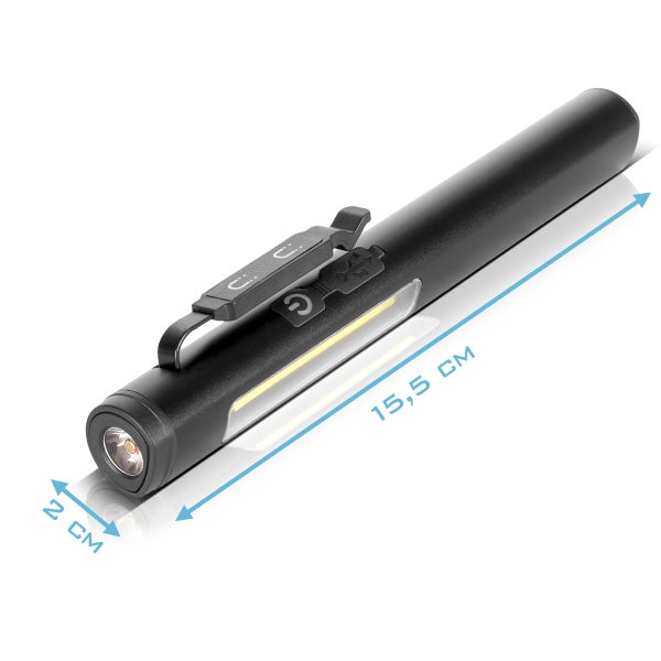 Schwarze Arbeitsleuchte mit den Maßen 15,5 cm mal 2 cm