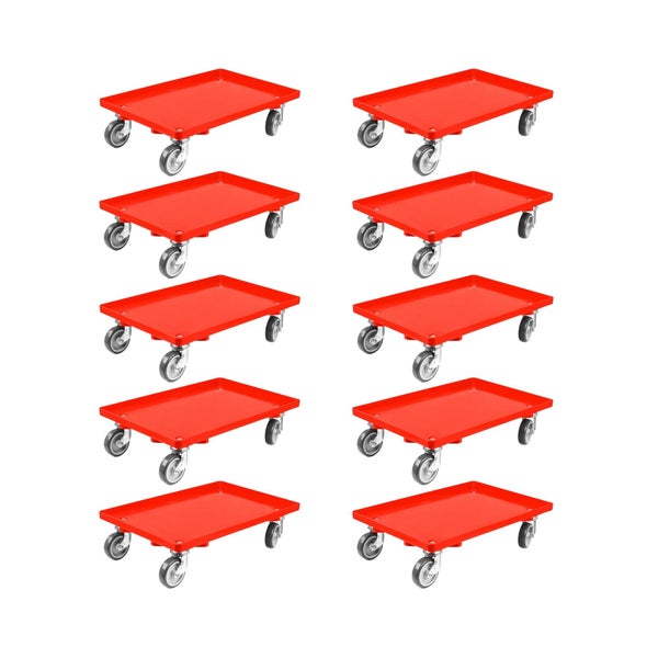 PROREGAL SparSet 10x Transportroller für Euroboxen 60 x 40 cm mit Gummiräder Rot Geschlossenes Deck 2 Lenkrollen und 2 Bremsrollen Traglast 300 kg