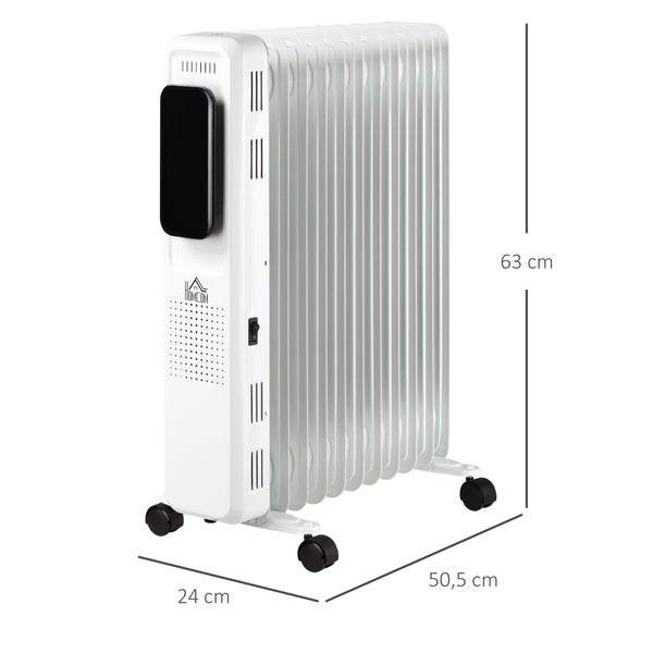 HOMCOM Ölradiator tragbar elektrisch Heizkörper 2500W 3 Heizstufen 24-Stunden-Timing elektrische Heizung 11 Heizplatten mit 4 Rollen Weiß Stahl 50,5 x 24 x 63 cm