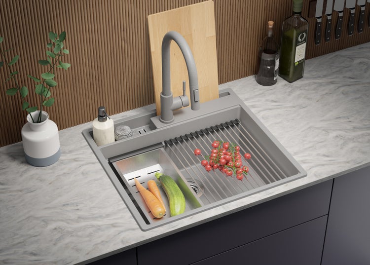 PRIMAGRAN Spülbecken Grau 58x53cm, Granitspüle 1 Becken + Ablauf-Set + Küchenzubehörset, Küchenspüle ab 60er Unterschrank - Oslo Pocket