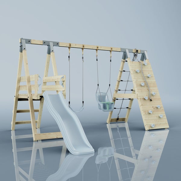 Spielturm aus Holz mit Wellenrutsche, Doppelschaukel, Kletterwand und Strickleiter für den Garten.