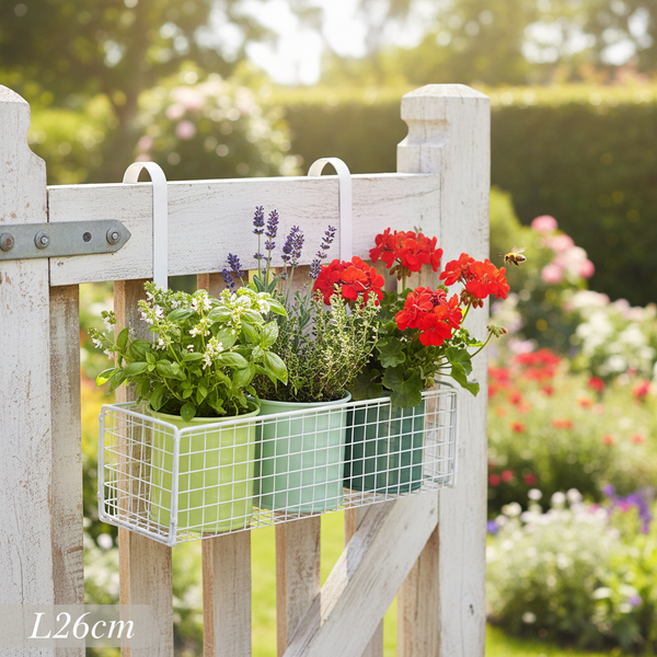 Weißer Draht-Hängekorb mit einer Länge von 26 Zentimeter, befestigt an einem weißen Holztor, bepflanzt mit Kräutern und Blumen in einem Garten.