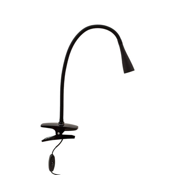 Schwarze LED-Klemmleuchte mit flexiblem Schwanenhals und Schalter am Kabel.