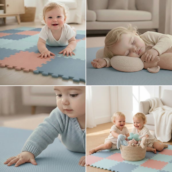 Vierteiliges Set mit Kleinkindern auf einer puzzleartigen Bodenmatte aus weichem Schaumstoff für eine sichere und komfortable Spielumgebung.