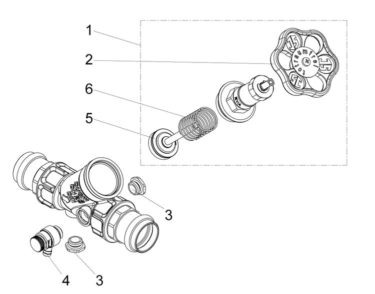Explosionszeichnung eines Schrägsitzventils mit Handrad, Feder, Dichtungen und Gehäuse, nummerierte Einzelteile.