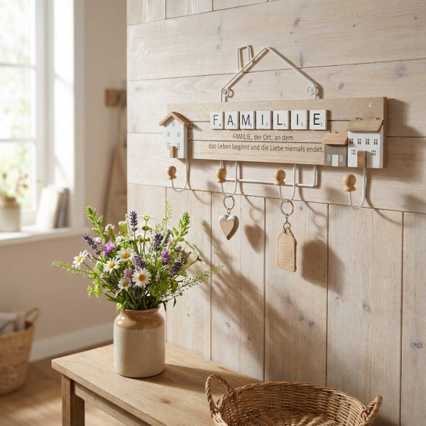 Wandgarderobe aus Holz mit Hausmotiv und Schriftzug FAMILIE, vier Haken zur Aufbewahrung von Schlüsseln, montiert an einer hellen Holzverkleidung.