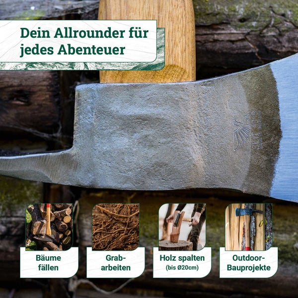Adler Spaltaxt mit Holzstiel, geeignet zum Bäume fällen, für Grabarbeiten, zum Holz spalten bis 20 Zentimeter Durchmesser und Outdoor Bauprojekte.