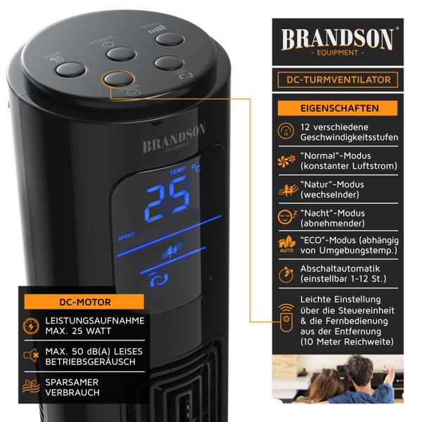 Brandson Turmventilator, 12 Geschwindigkeitenstufen, DC-Motor, ECO Modus, Standventilator Ventilator, Timer + 4 Betriebsmodi + inkl. Fernbedienung