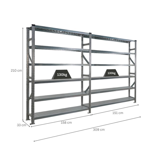 Metallregal mit den Massen 210 cm Höhe, 309 cm Breite und 33 cm Tiefe. Die maximale Traglast pro Regalboden beträgt 130 kg.