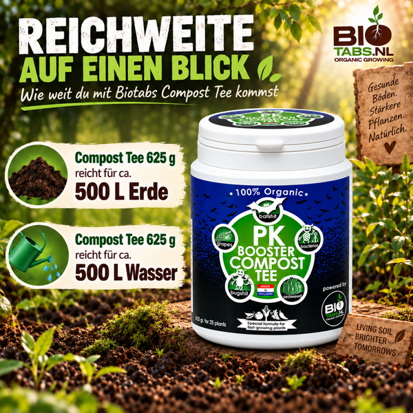 Dose Biotabs PK Booster Compost Tee als organischer Pflanzendünger für Erde und Wasser, Information zur Reichweite von 625 Gramm für 500 Liter.