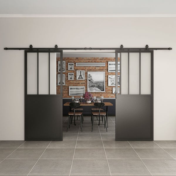Loftschiebetür Komplettset Doppelflügelig 2050x2150mm aus Stahl in schwarz mit Glaseinsatz