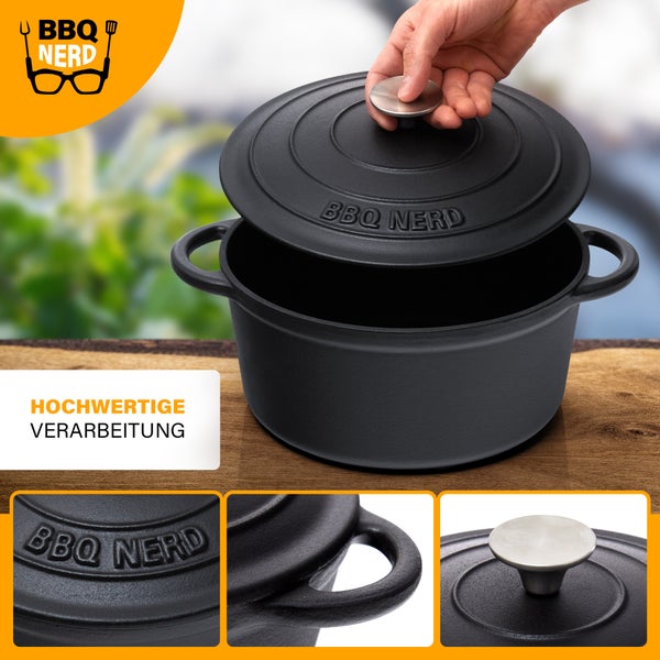 BBQ-Nerd Bräter (rund) mit Deckel 5 L aus Gusseisen mit Emaille-Beschichtung | Bratentopf Kochtopf Gusseisentopf - ideal zum langsamen Garen | Energieeffiziente, wärmespeichernde Cocotte