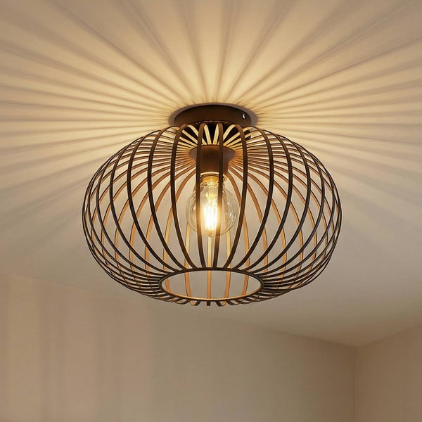 Deckenleuchte mit Metallkäfig und Glühbirne