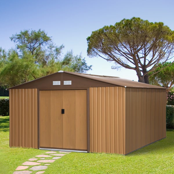Outsunny Gerätehaus mit Bodenplatte, Gartenhaus, 20m³, 340 x 386 x 200 cm, Stahl, Braun