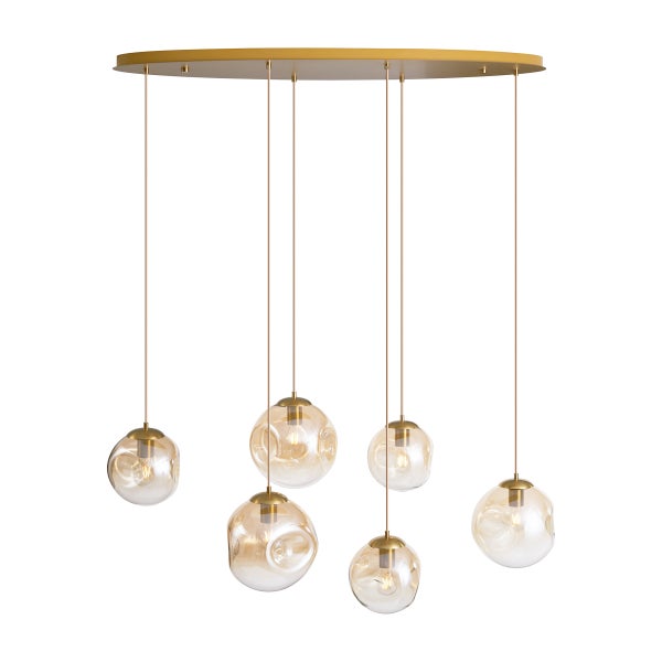 Pendelleuchte mit sechs Leuchten, Glas und Metall