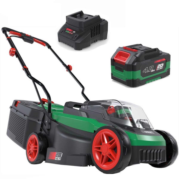 Akku-Rasenmäher-Set mit 20 Volt Lithium-Ionen-Akku 4,0 Amperestunden und Ladegerät für die Rasenpflege im Garten.