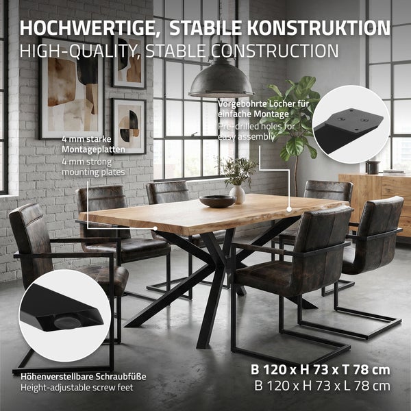 Esstisch mit massivem Holzdesign und stabilem Untergestell aus Metall, inklusive Detailansichten der Montageplatte und verstellbaren Füßen.