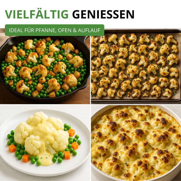 Vier verschiedene Zubereitungsarten von Blumenkohl: in der Pfanne mit Erbsen, geröstet auf dem Backblech, gedünstet mit Soße und als Auflauf.