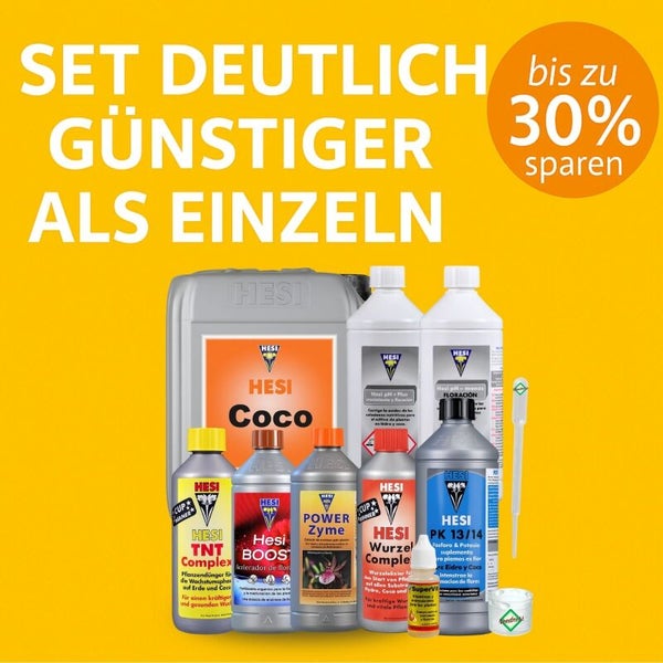Hesi Pflanzendünger-Set bestehend aus Coco, TNT Complex, Boost, Power Zyme, Wurzel Complex, PK 13/14, SuperVit und Zubehör, bis zu 30 Prozent sparen.