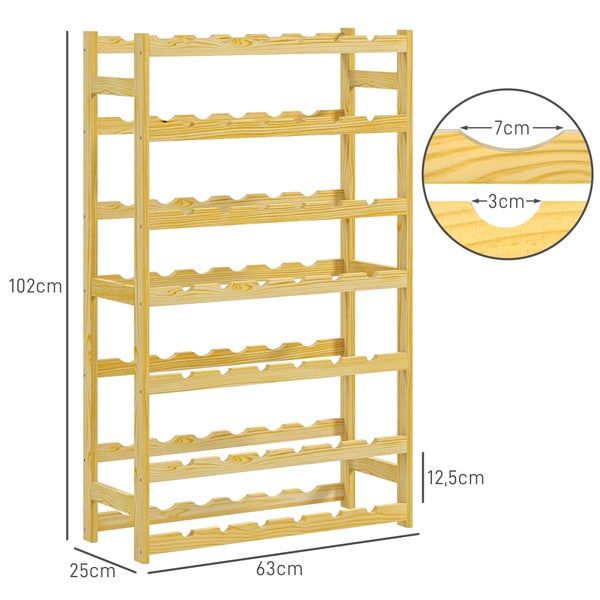 HOMCOM Weinregal Flaschenregal für 42 Weinflaschen, mit 7 Ebenen, Standregal aus Holz, Weinhalter mit Kippschutz für Küche, Natur 63 x 25 x 102 cm