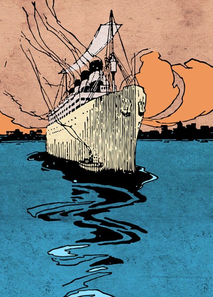 Illustration eines Ozeandampfers auf dem Wasser vor einer Stadtkulisse