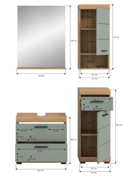 Badezimmermöbel-Set in Holzoptik und Grün mit Maßen in Zentimeter für Spiegel, Hängeschrank, Waschtischunterschrank und Seitenschrank.