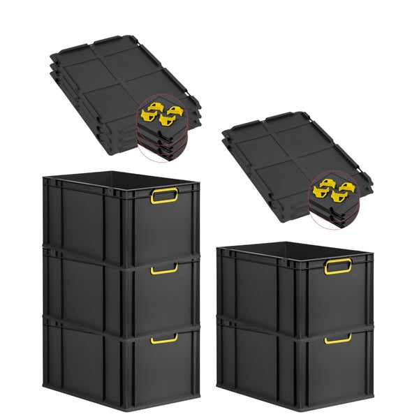 PROREGAL SparSet 5x Eurobox NextGen Color mit Auflagedeckel und Schiebeschnappverschlüsse, HxBxT 32x40x60cm, 65 Liter, Schwarz, Griffe gelb geschlossen, Verstärkter Boden, Eurobehälter, Transportbox, Transportbehälter, Stapelbehälter