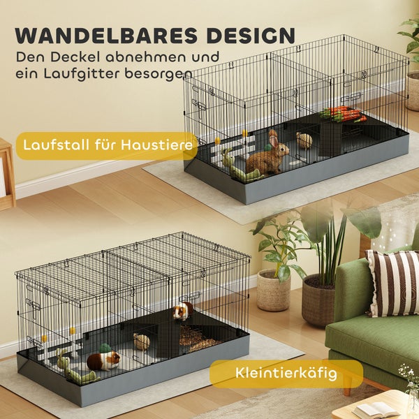 PawHut Kleintierkäfig, Kleintierstall mit Rampe, Trennwand, Nagerkäfig mit abnehmbarem Verdeck, Stoffboden, Kaninchenkäfig für Kleintiere Stahl Schwarz