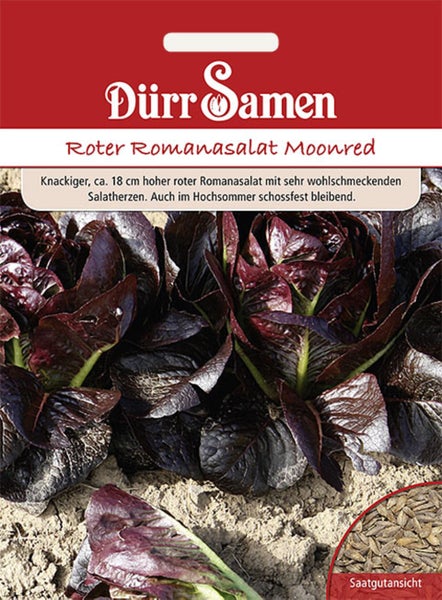 Dürr Samen Logo auf einer Samentüte für Roter Romanasalat Moonred mit Abbildung der Pflanzen und einer Detailansicht der Samen.