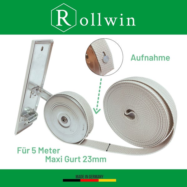 Rollwin Rolladen Gurtwickler Unterputz 185mm Lochabstand - mit 7m Gurt 23mm Rolladengurt - aus Deutschland - mit Gurtwickler Blende Weiß Rollo Wickler mit Abdeckblende Rollladen Aufwickler
