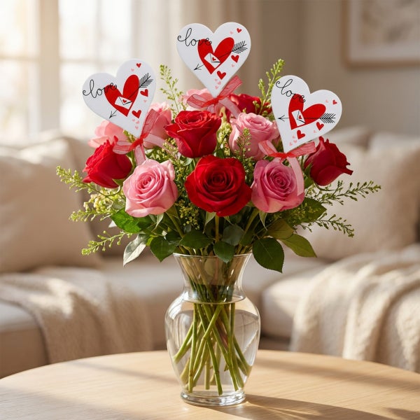 Blumenstrauß aus roten und rosa Rosen in einer Glasvase mit Herzsteckern mit Liebesmotiven als Tischdekoration.