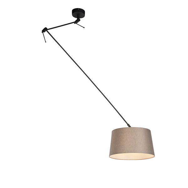 Pendelleuchte mit verstellbarem langem Arm aus schwarzem Metall und zylindrischem Textilschirm in Grau.
