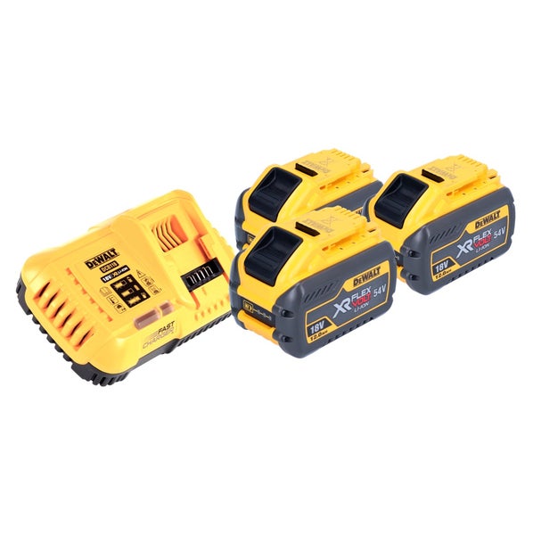 Dewalt Schnellladegeraet mit drei Flexvolt Lithium Ionen Akkus mit 18 Volt und 54 Volt und 12 Ampere Stunden